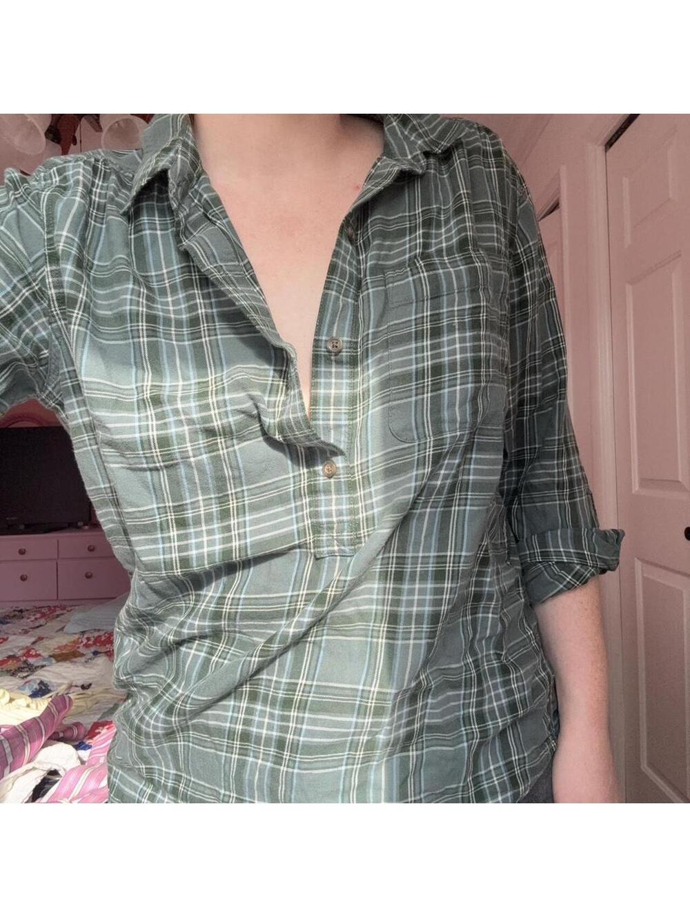 Eddie Bauer Women's Green Plaid half button up shirt